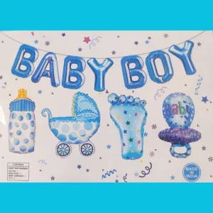 Baby Shower - Baby Boy Foil Paper Banner with 4 props (Baby Foot, Carriage, Bottle & Toy)