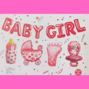 Baby Shower - Baby Girl Foil Paper Banner with 4 props (Baby Foot, Carriage, Bottle & Toy)