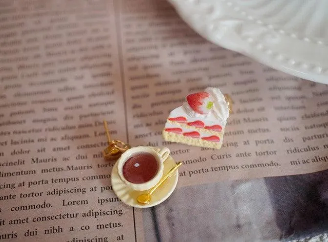 Black Tea With Strawberry Triangle Cake Handmade Miniature Food Play Earrings