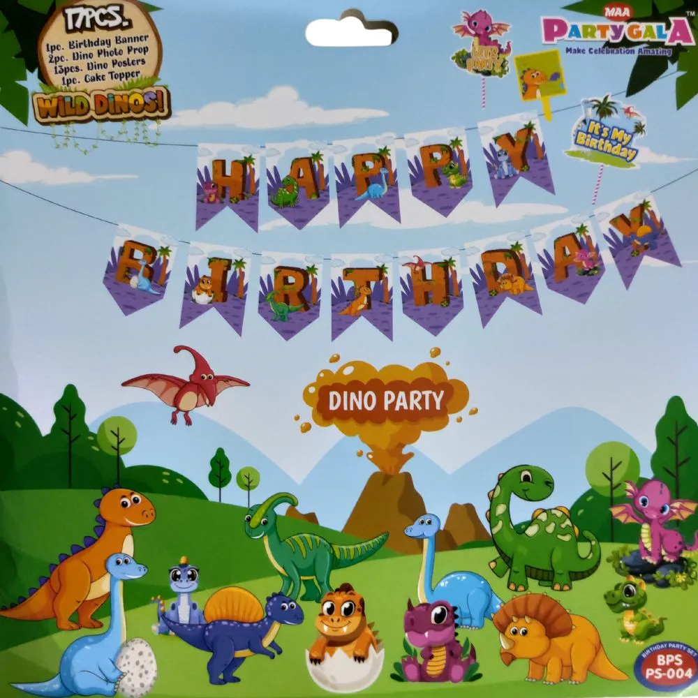 Dino Theme Happy Birthday Banner & Decoration Props for Birthday Party (17 Pieces)