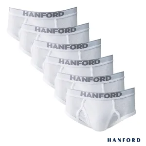 Hanford Men Premium Ribbed Cotton Modern Hipster Briefs w/ Fly Opening Preston - White (6in1 Value Pack / Half Dozen)