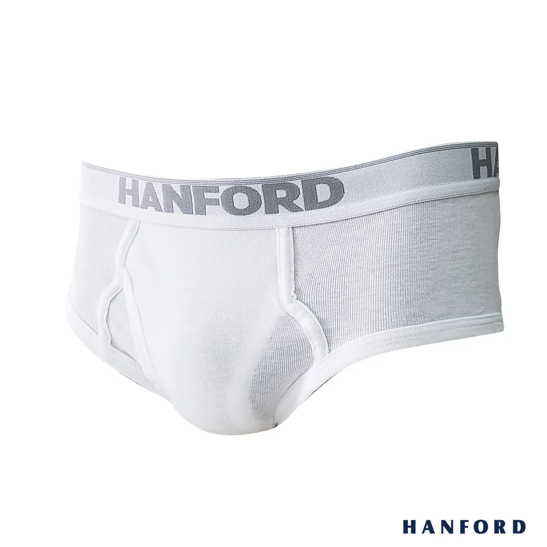Hanford Men Premium Ribbed Cotton Modern Hipster Briefs w/ Fly Opening Preston - White (6in1 Value Pack / Half Dozen)