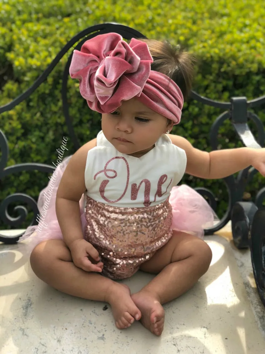 Kryssi Kouture Exclusive Girls First Birthday Darling Dazzle Rose Gold 1st Birthday TUTU Romper