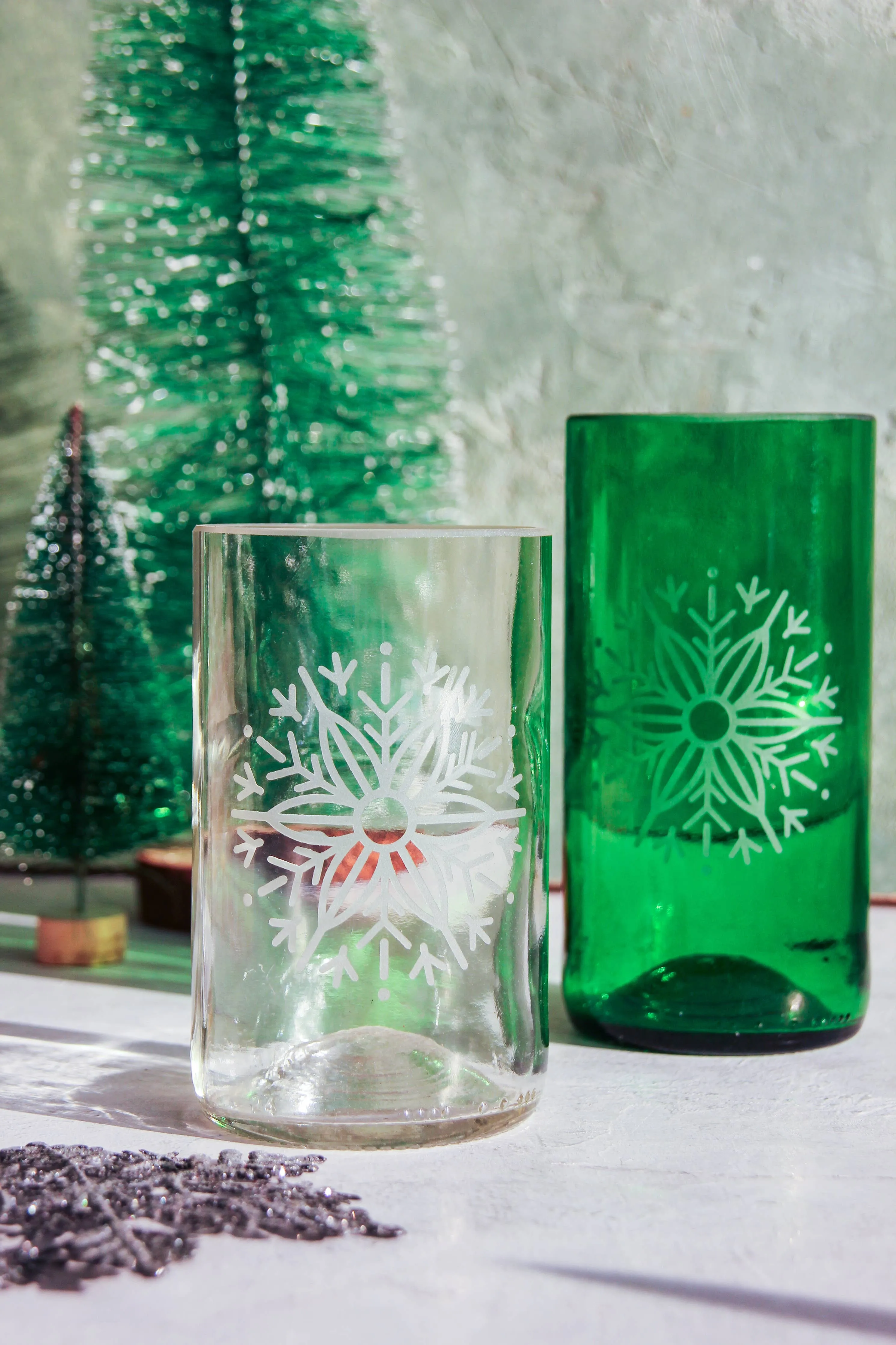 Snowflake Upcycled Drinking Glasses 2 Pack - 12 Ounces