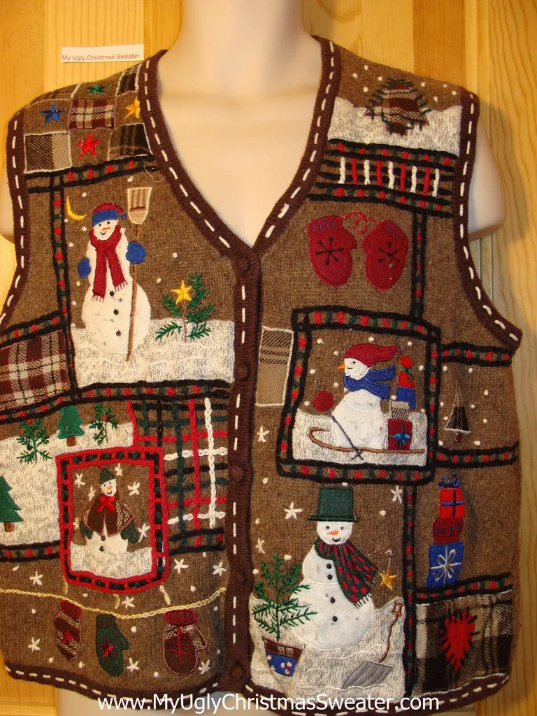 Tacky Ugly Christmas Sweater Vest Crafty Plaids and Stitching with Snowmen (f405)