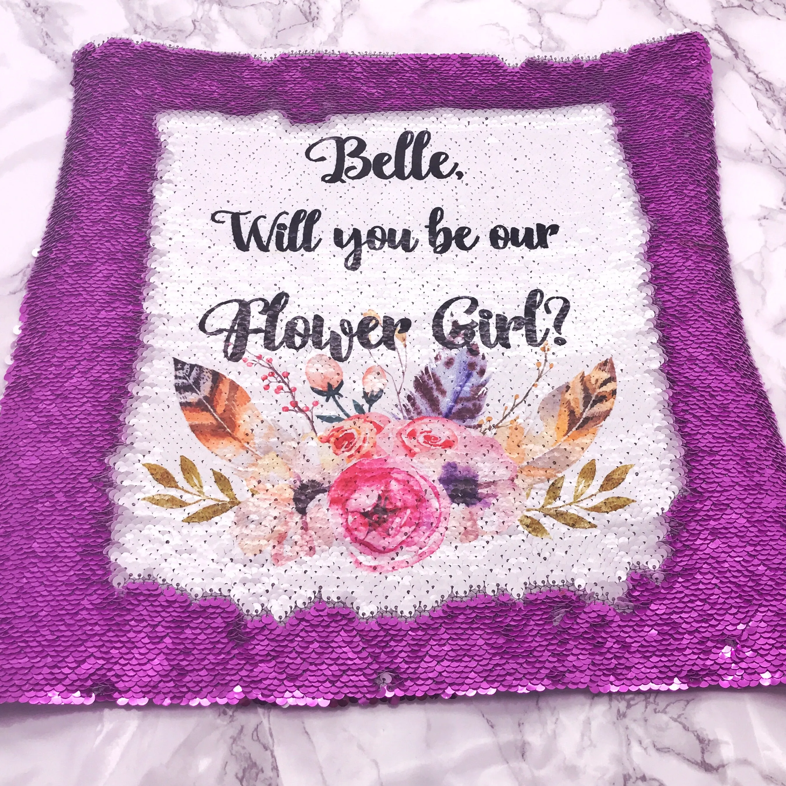 Will you be my Bridesmaid, Maid of Honour, Flower Girl Sequin Reveal Hidden Message Wedding Cushion