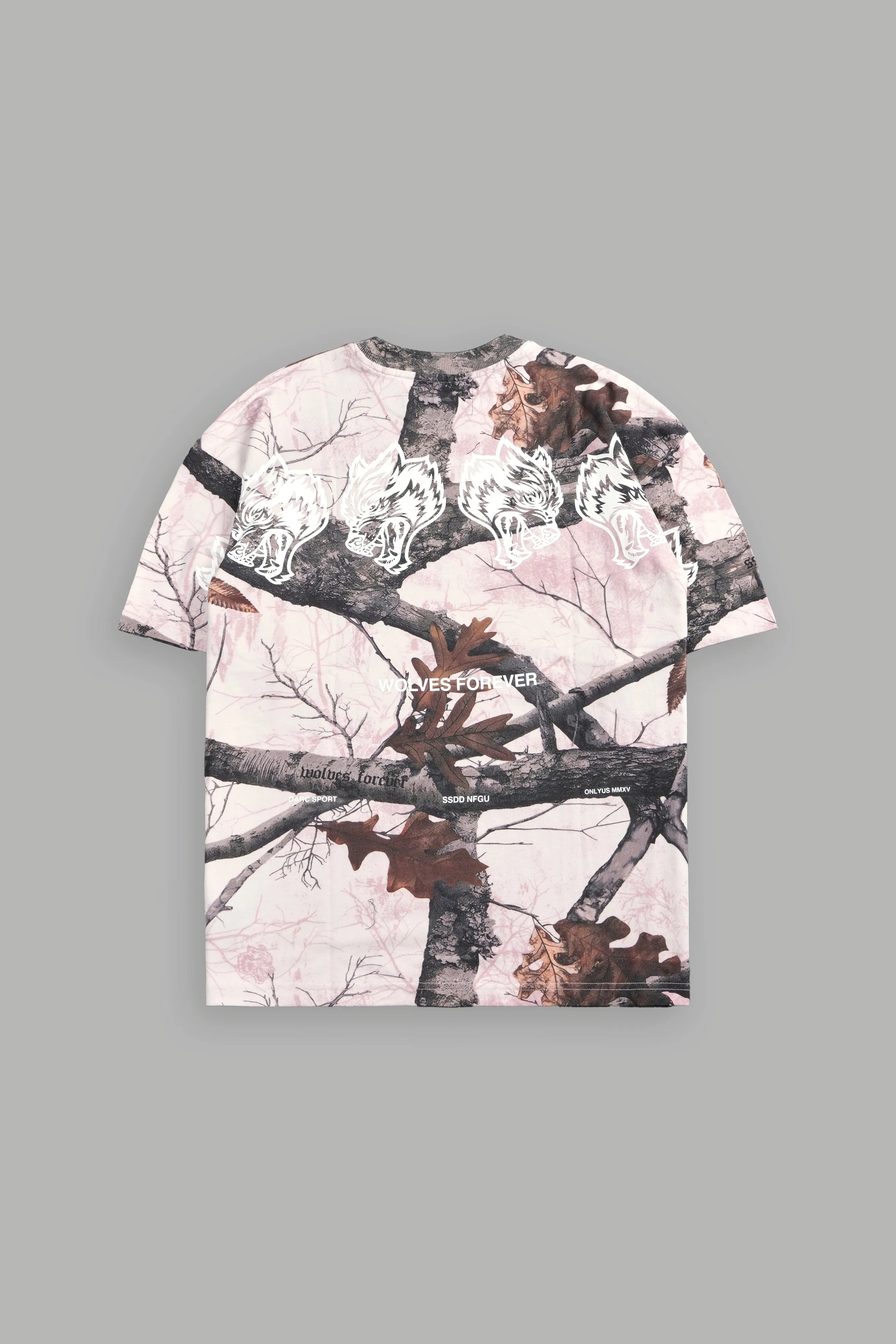 Wolves Have Your Back "Premium" Oversized Unisex Tee in Baby Pink Woodland Camo