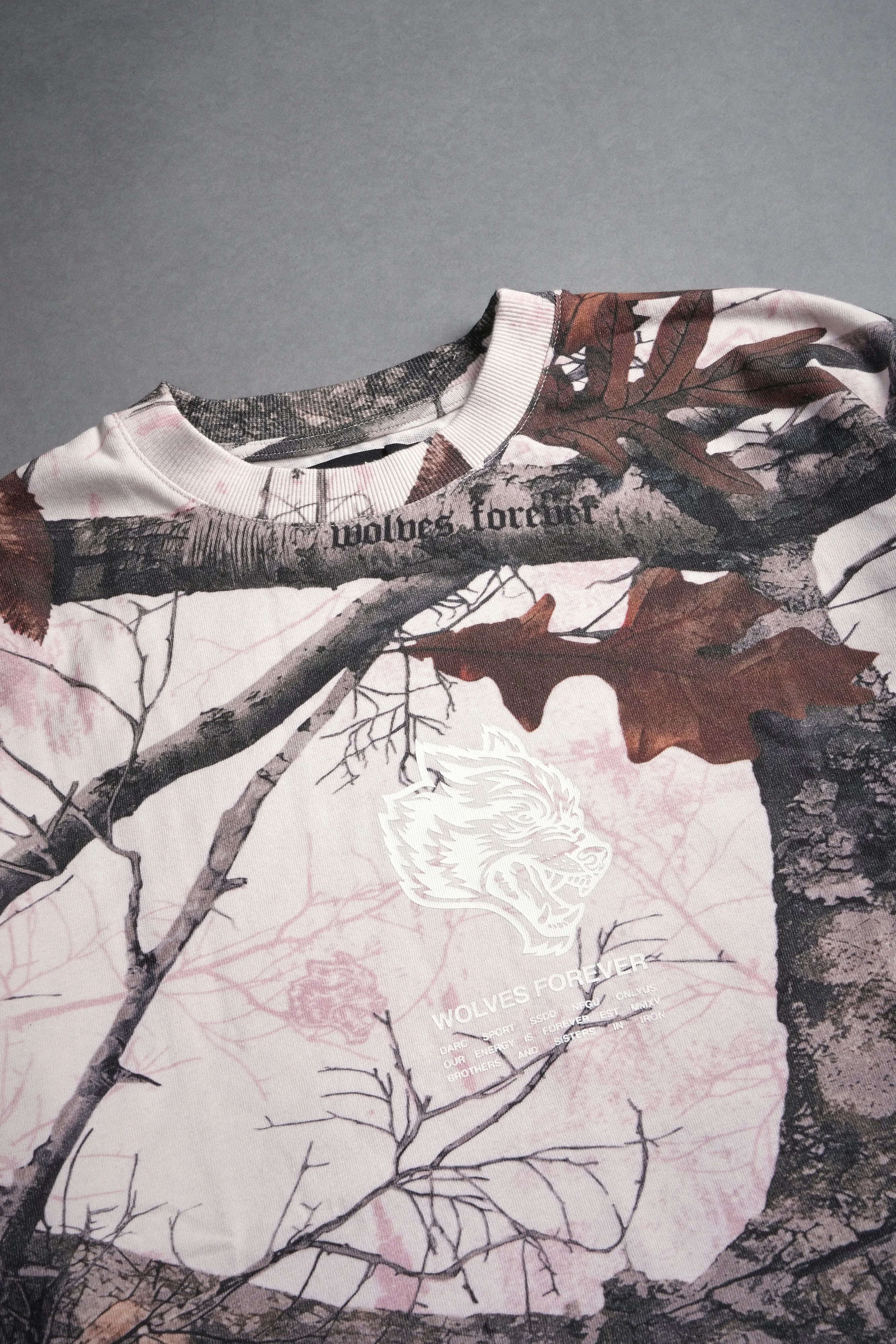 Wolves Have Your Back "Premium" Oversized Unisex Tee in Baby Pink Woodland Camo
