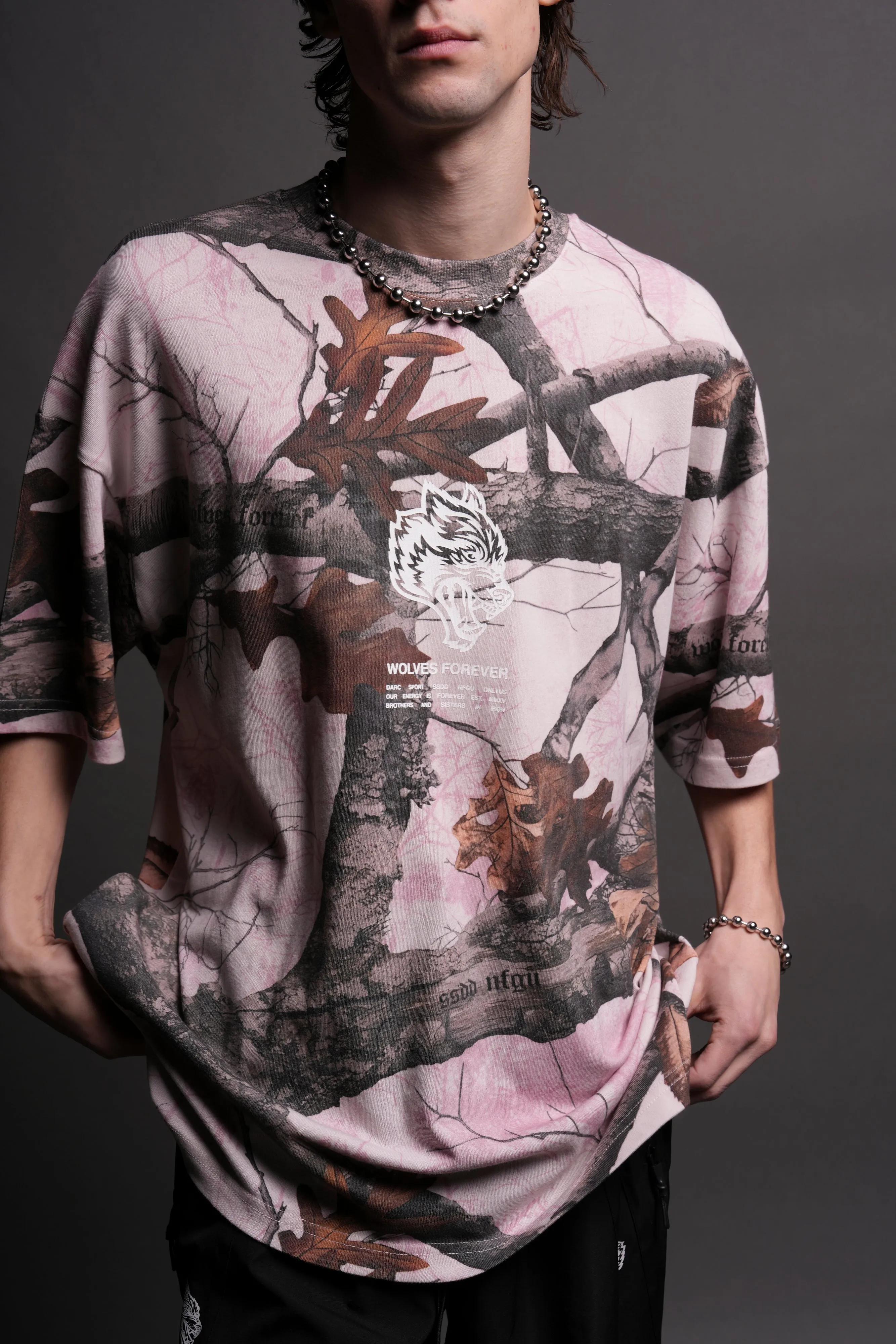 Wolves Have Your Back "Premium" Oversized Unisex Tee in Baby Pink Woodland Camo