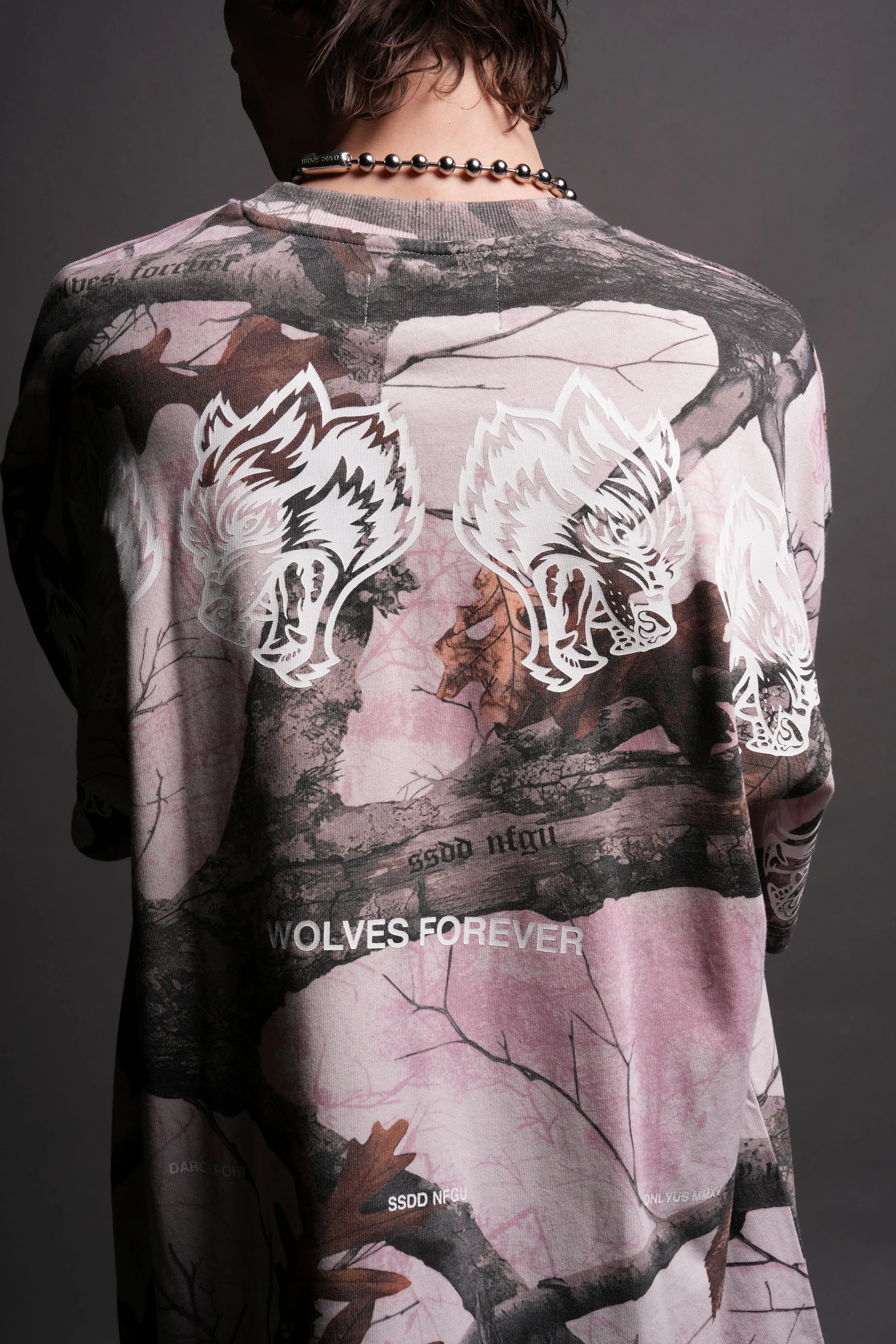 Wolves Have Your Back "Premium" Oversized Unisex Tee in Baby Pink Woodland Camo