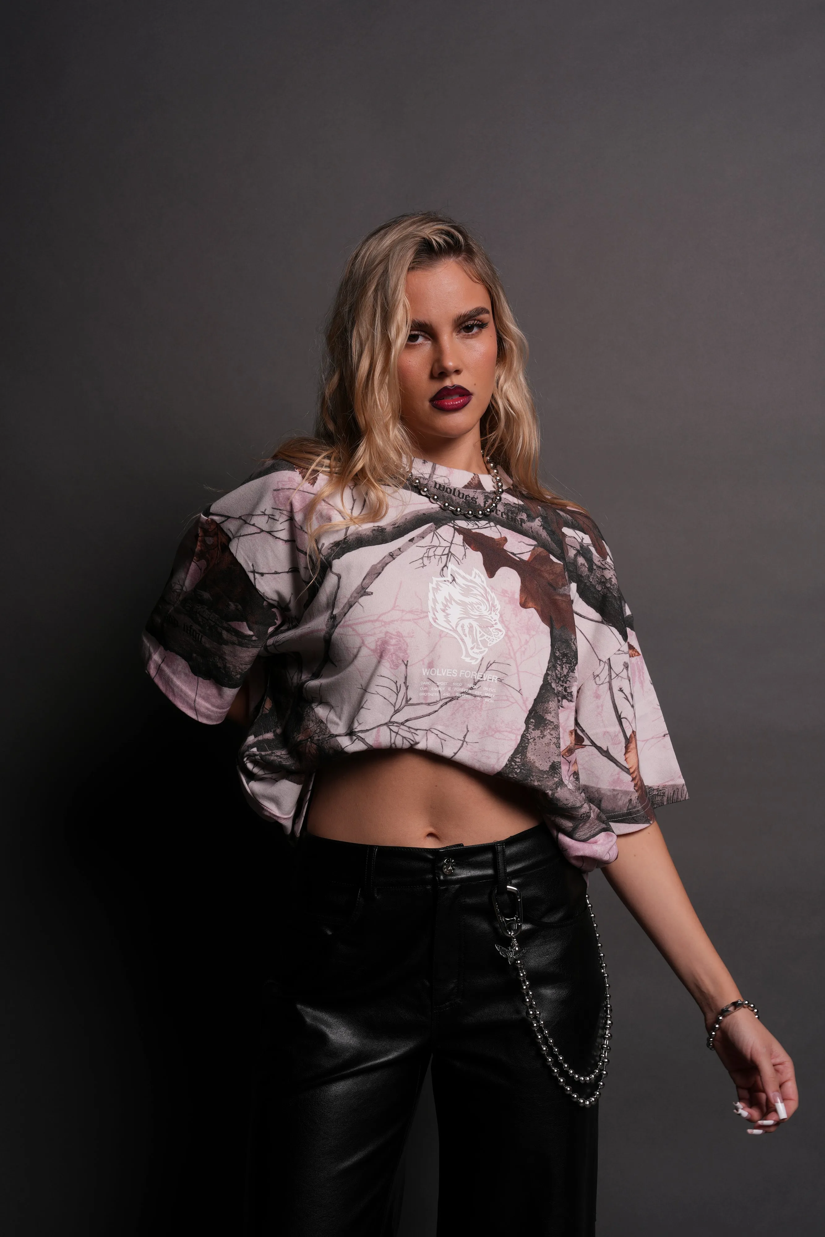 Wolves Have Your Back "Premium" Oversized Unisex Tee in Baby Pink Woodland Camo
