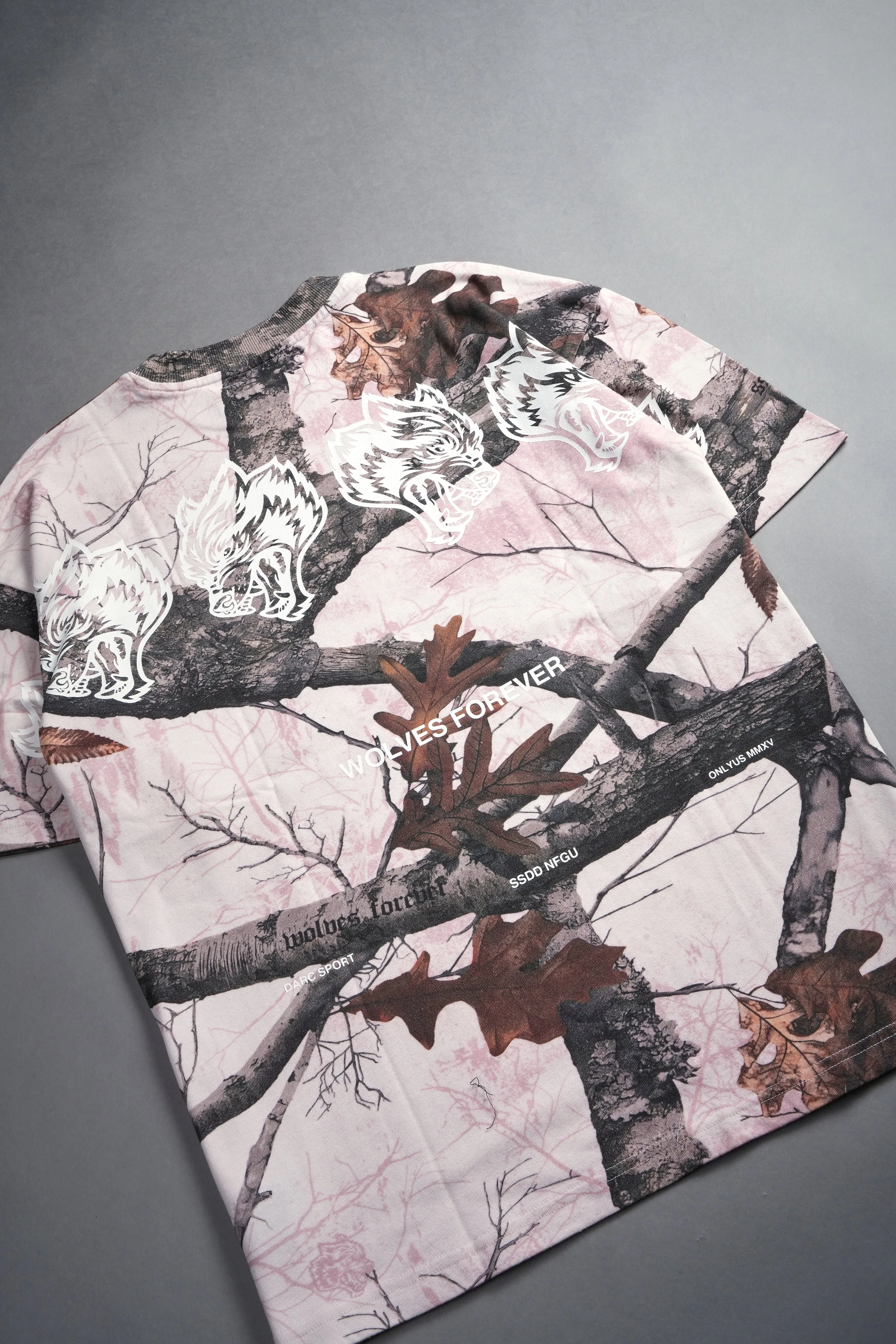 Wolves Have Your Back "Premium" Oversized Unisex Tee in Baby Pink Woodland Camo