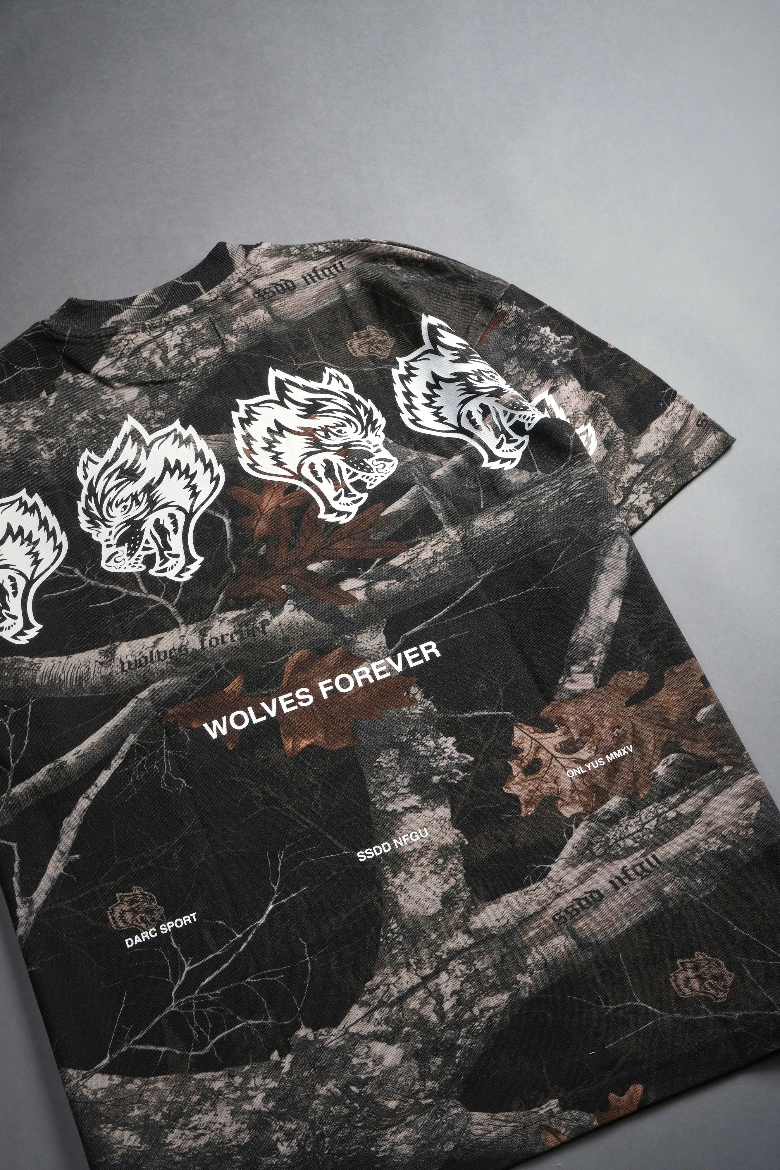 Wolves Have Your Back "Premium" Oversized Unisex Tee in Darc Brown Woodland Camo