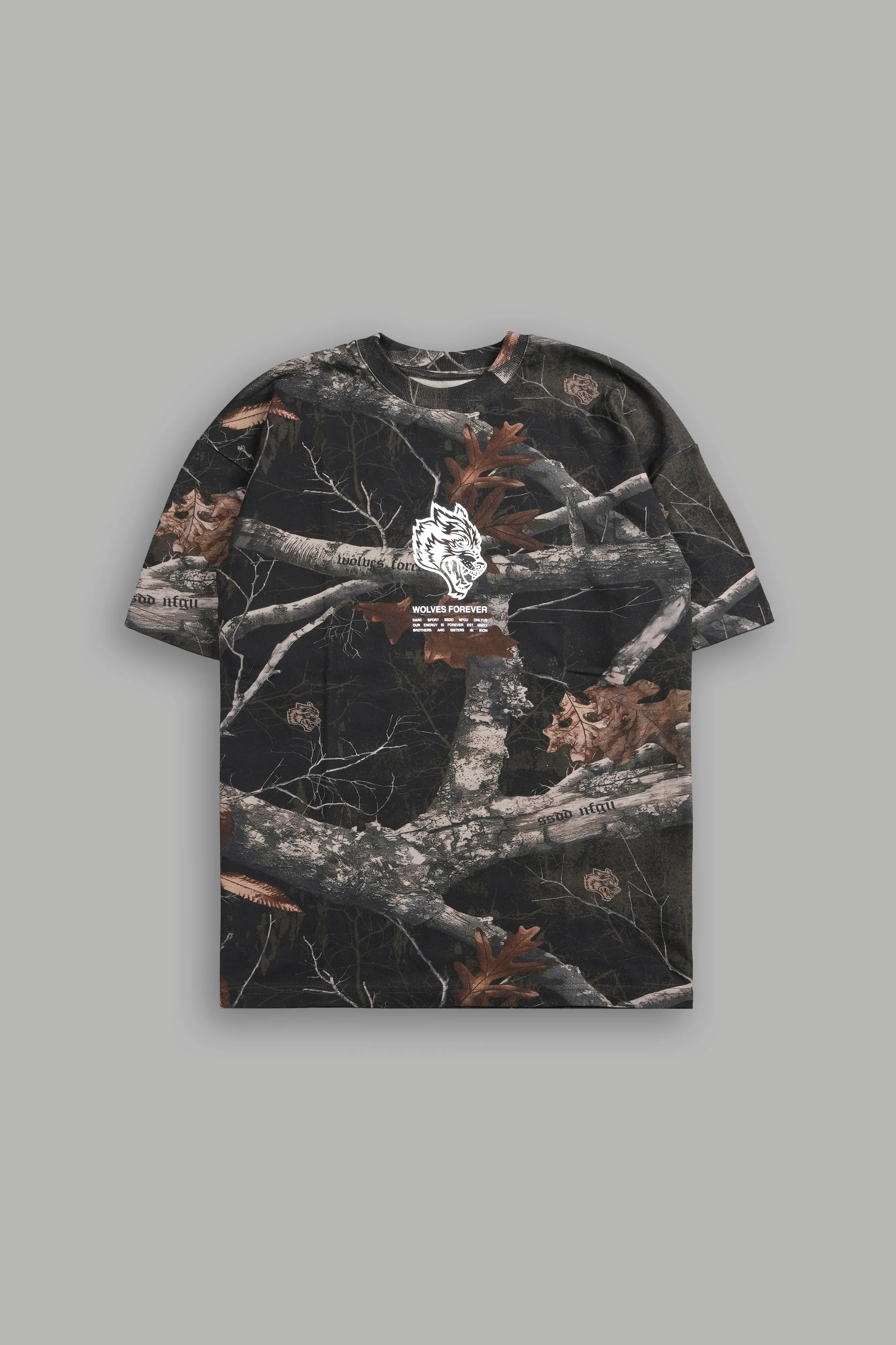 Wolves Have Your Back "Premium" Oversized Unisex Tee in Darc Brown Woodland Camo