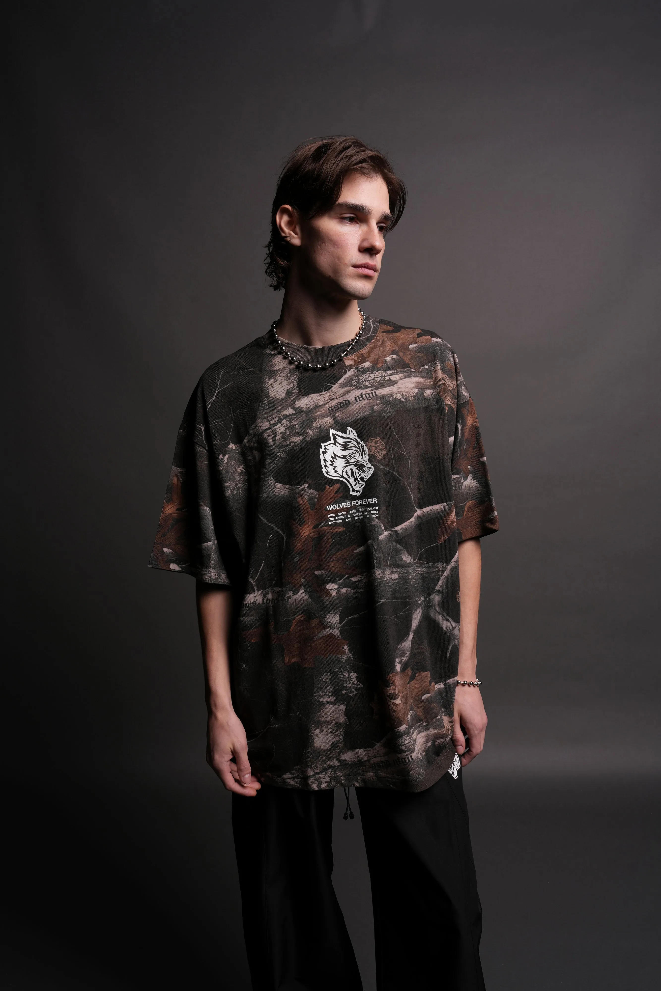 Wolves Have Your Back "Premium" Oversized Unisex Tee in Darc Brown Woodland Camo