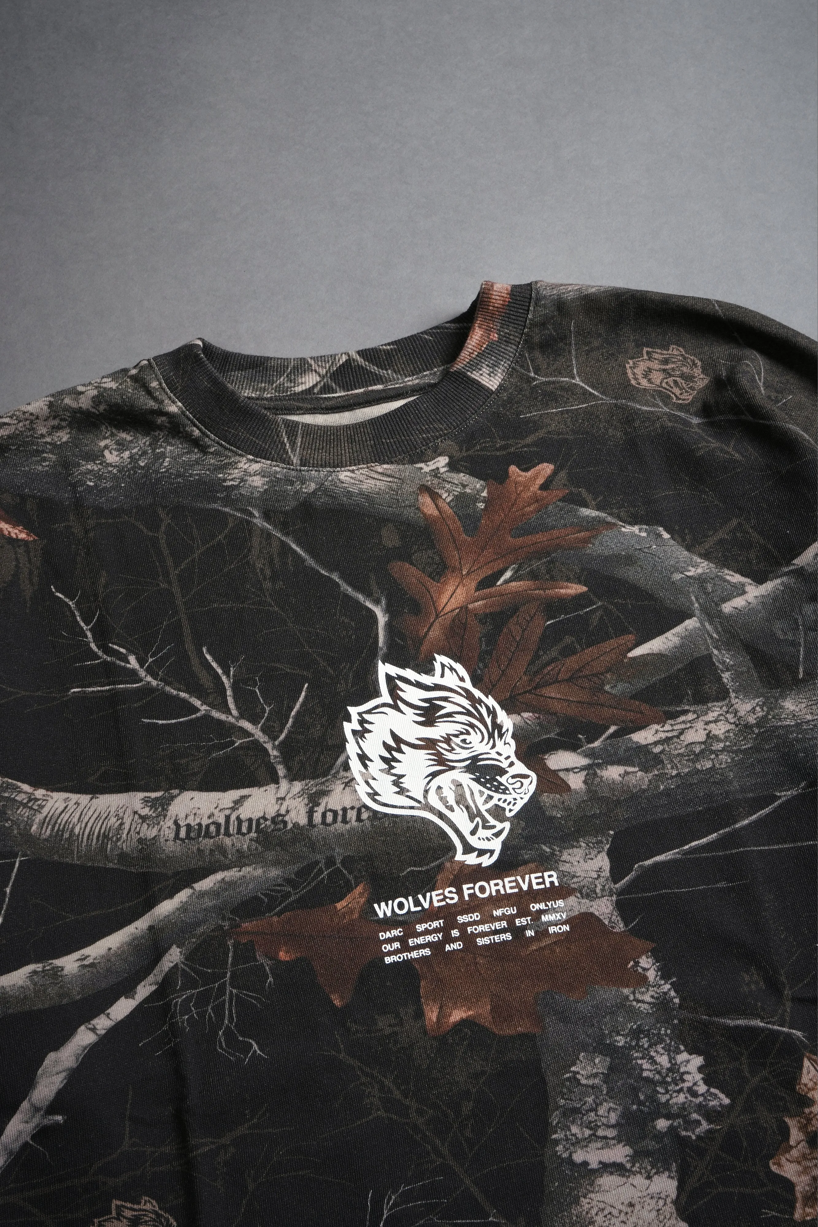 Wolves Have Your Back "Premium" Oversized Unisex Tee in Darc Brown Woodland Camo